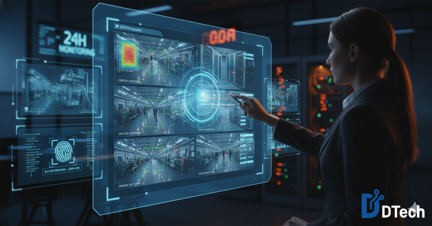 Câmeras de segurança e sala de monitoramento